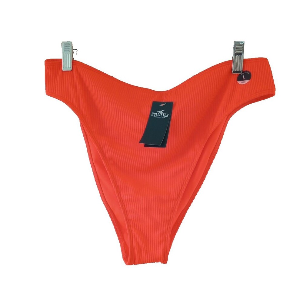 Hollister Swim Bottom Cheeky High Waist Womens Large Neon Orange Ribbed NWT